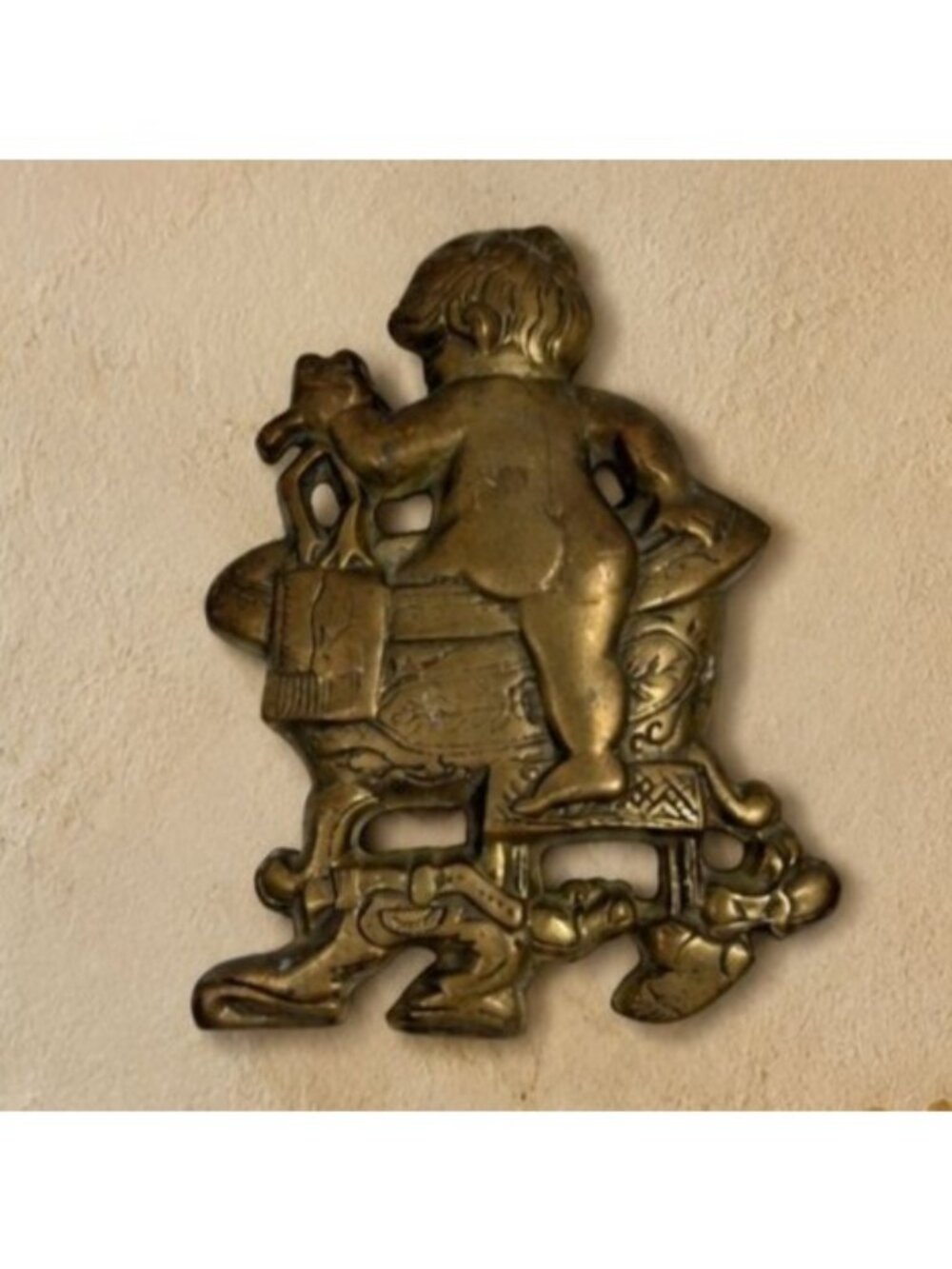 Vintage Brass Cherub Wall Plaque, Putto Wall Hanging, Victorian Nursery Decor, C